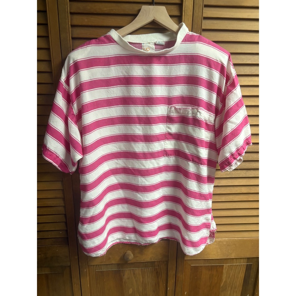 Vintage Kokomo Striped Rayon Pocket T-Shirt Pink White L‎